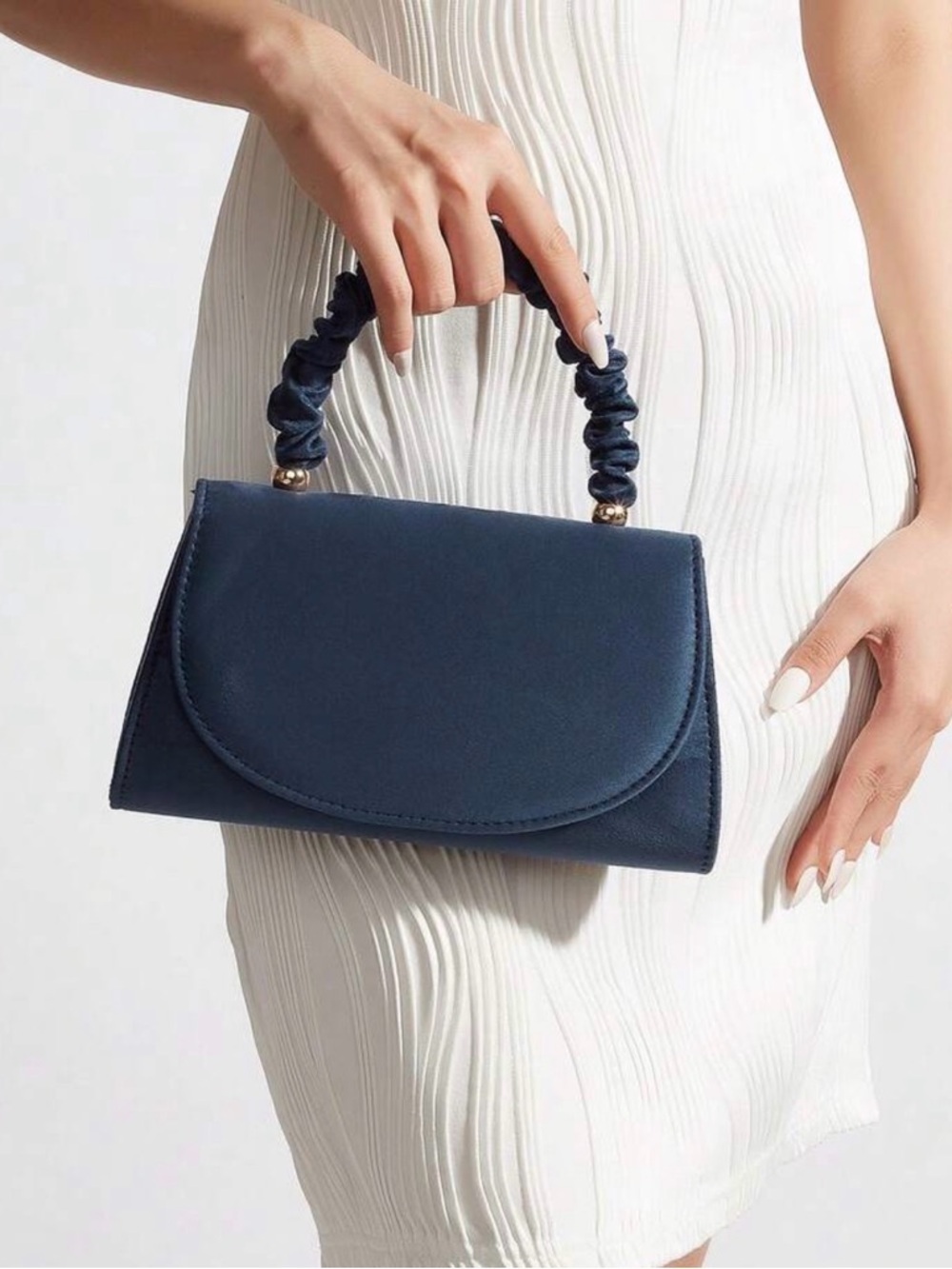NEW Navy Blue Ruched Handle Top-Handle Bag with Chain Strap - Picture 2 of 9